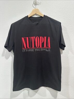 All Saints Black Tee with Red 'NUTOPIA' Graphic